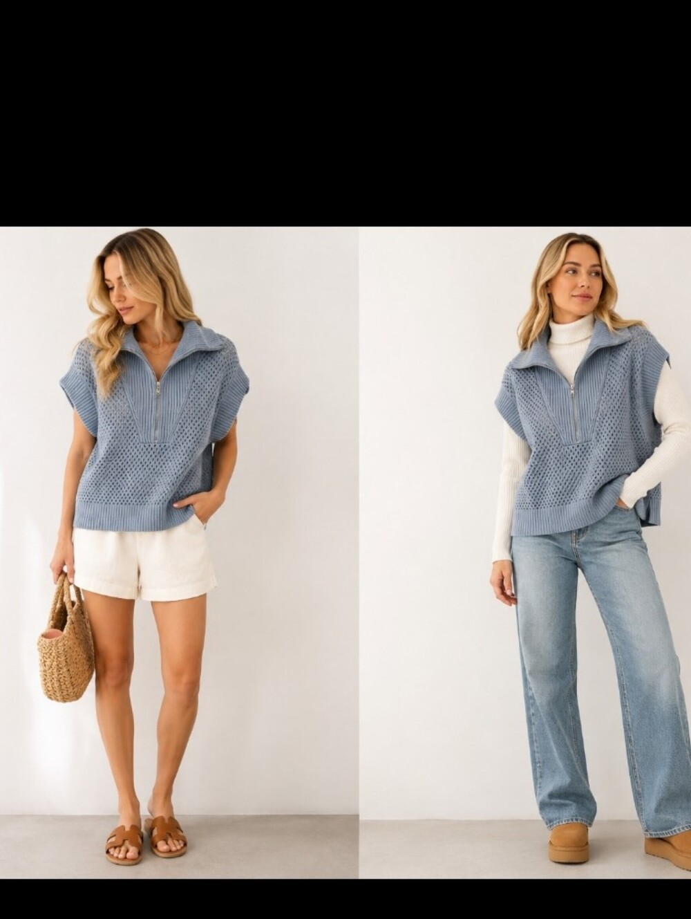 Joie Light Blue Large Half Zip Knit Sweater Vest Very Unique Piece Oversized